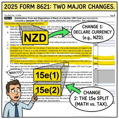 Form 8621 Line 15e 2025 update example showing dual-currency reporting columns and spot rate conversion.