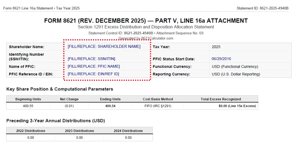 Form 8621 Part V Line 16a continuation statement attachment header and computational parameters